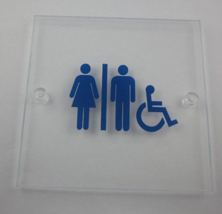 Hinweisschild Plexi durchsichtig mit internationalem WC Symbol
