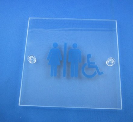 Hinweisschild Plexi durchsichtig mit internationalem WC Symbol